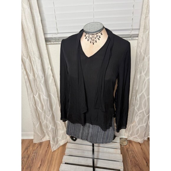 Black babydoll 100% Silk Long-Sleeve V-Neck Top  W Scarf  Womens 6 Whimsigoth Y2 - Picture 10 of 10